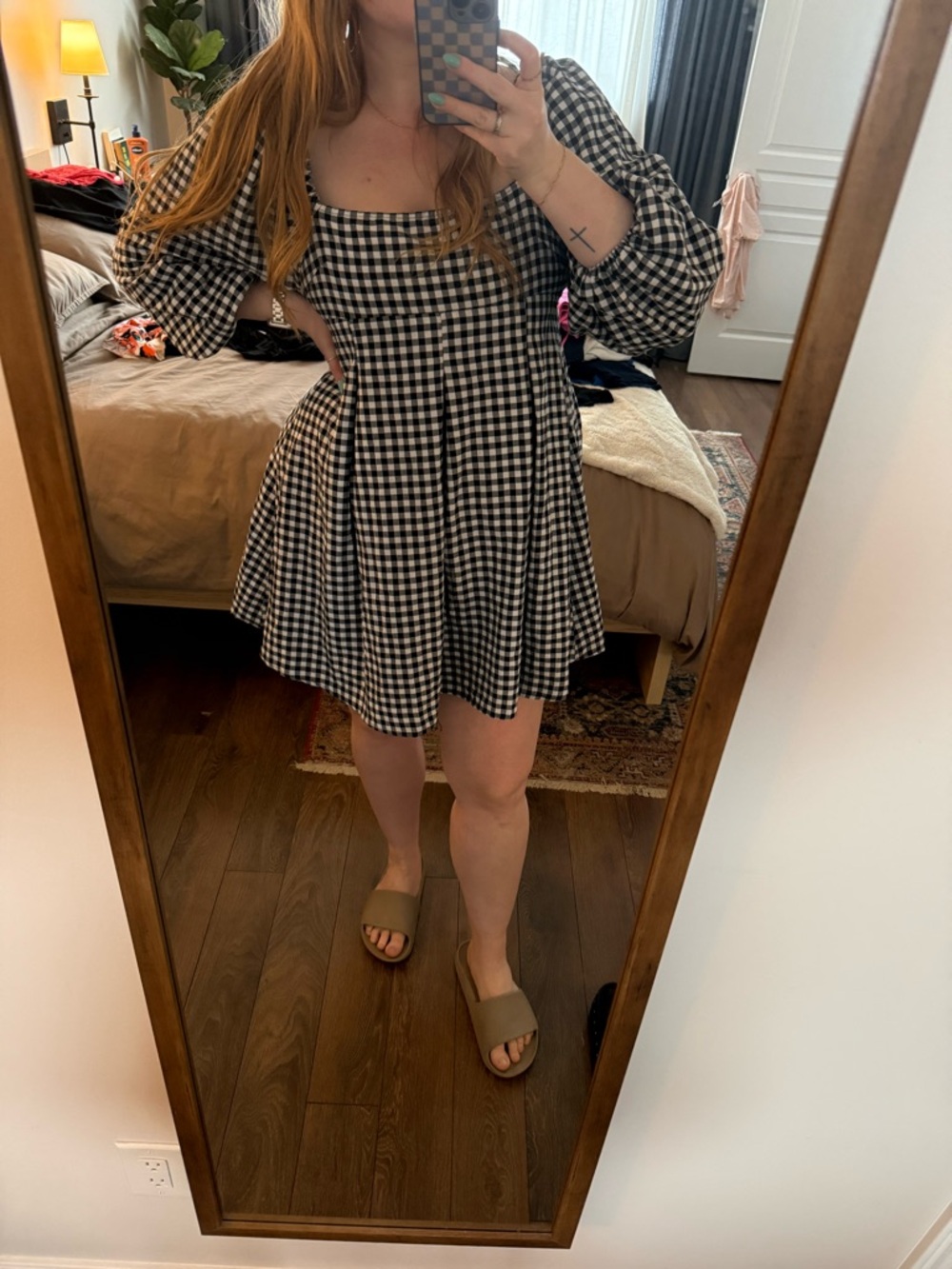 Black & White Gingham Square Neck Mini Dress